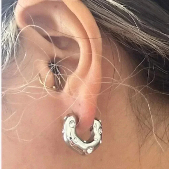 Stainless Steel Cubic Zirconia Decor Cuff Hoop Earrings F - Picture 4 of 4